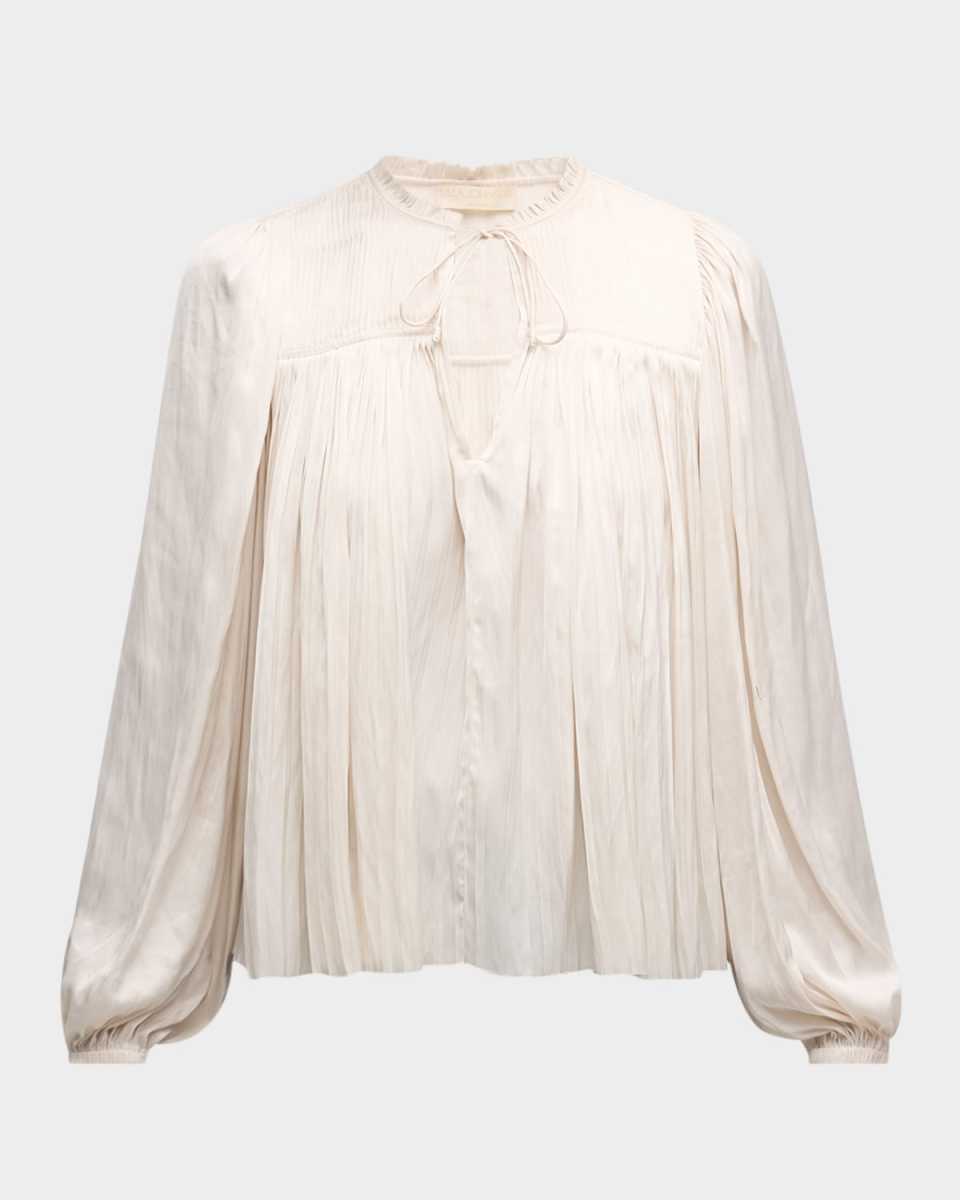 Freja Pleated Blouson-Sleeve Blouse